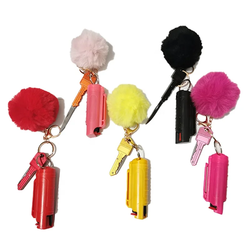 
Portable female Security self-defense mini Knife pepper spray keychain Colorful Pom Ball 
