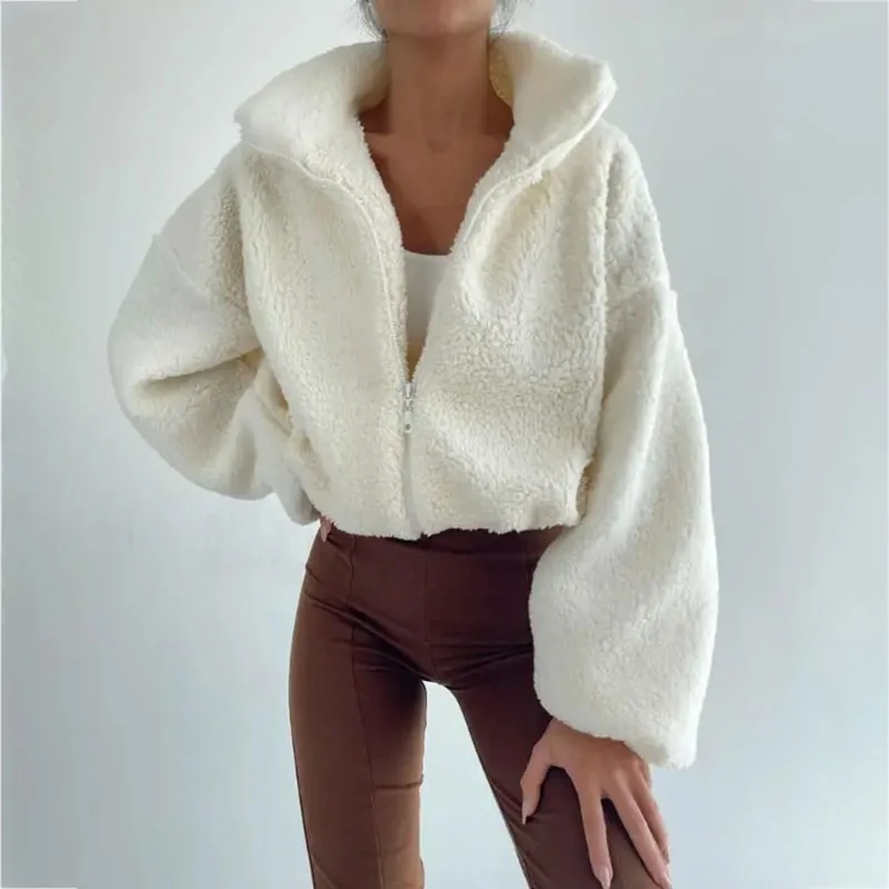 Custom Women Winter Autumn Long Sleeve Teddy Coat Drawstring Jacket Zip Up Tops Casual Sweatshirts with Lantern Sleeves