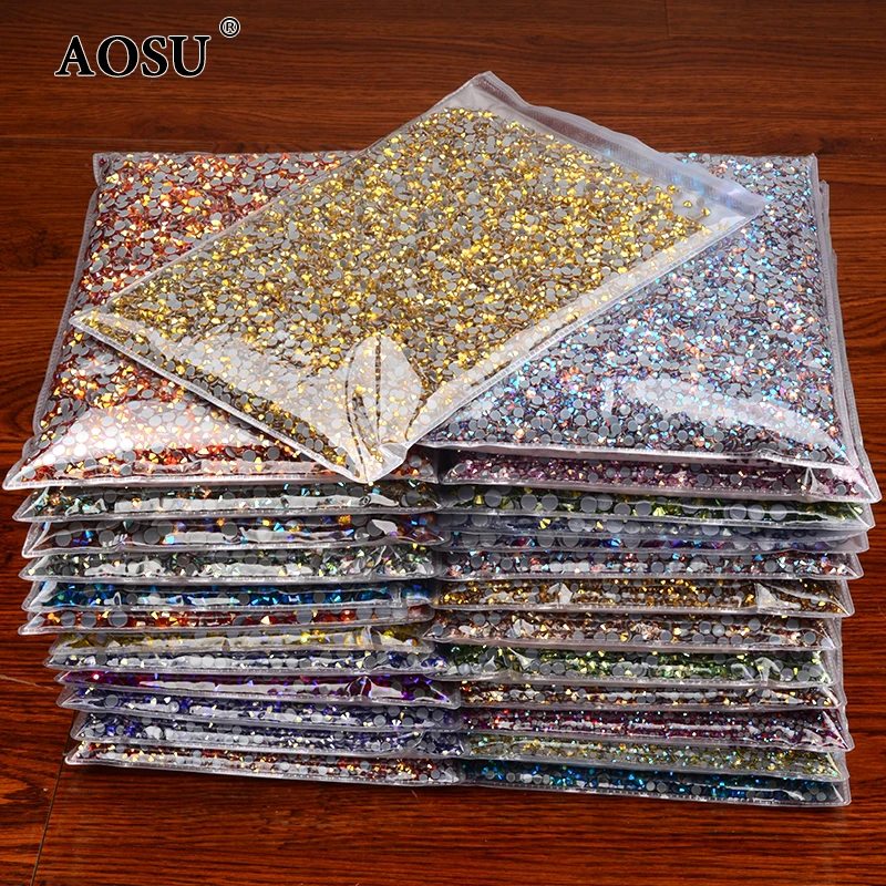 AOSU Top Quality SS3 SS6 SS10 SS12 SS20 SS34 Bulk Package Crystals Round Glass Strass Flatback Hotfix Rhinestones