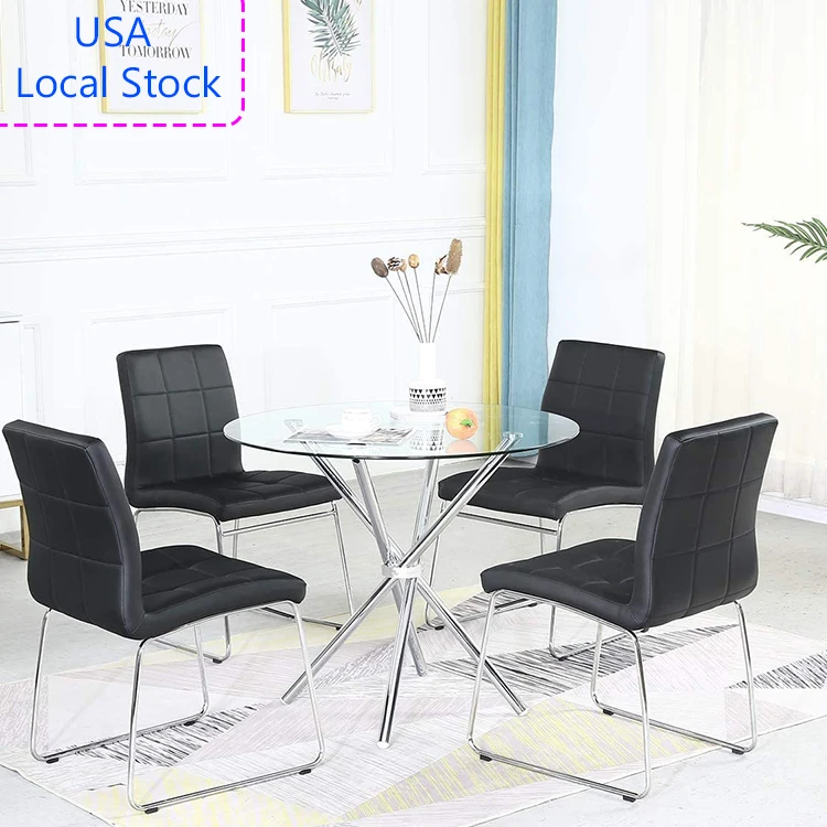 
Free FedEx UPS Shipping USA Local Stock Modern leather stainless steel dining kitchen living room 1 round table + 4 chairs Set 