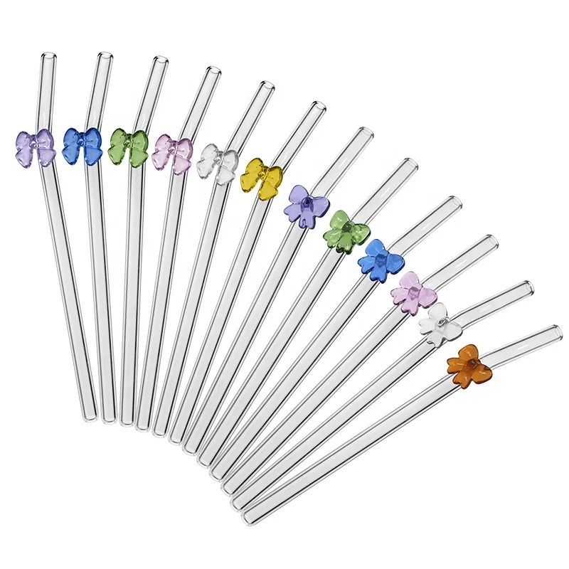 Multi-color Drinking Clear Bent Bow-tie straw Bow Tie Creative High Borosilicate Glass Straw with Design for  bar Accessories