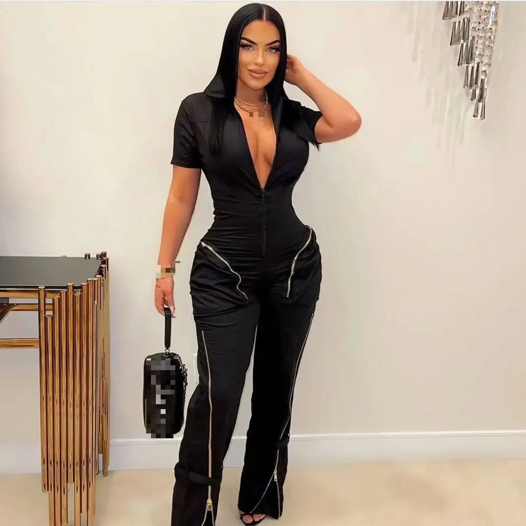 Sharee 2024 Summer Streetwear Cargo Jumpsuit Short Sleeve Belt Sipper One Piece Skinny Rompers Women Jumpsuit
