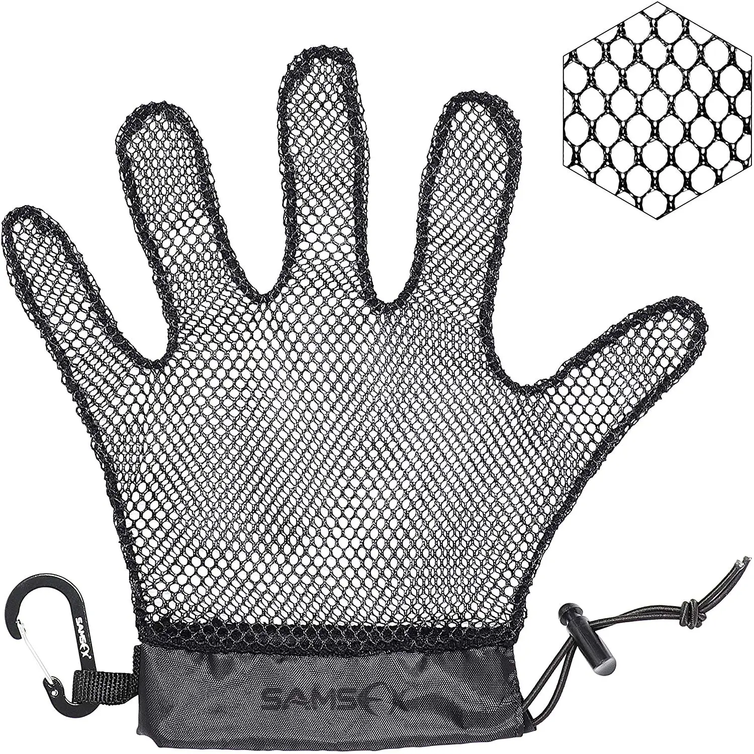 SAMSFX Fishing Fish Catching Gloves Openwork Anti-Slip Fish Protection Tailer Landing Glove with Carabiner Clip