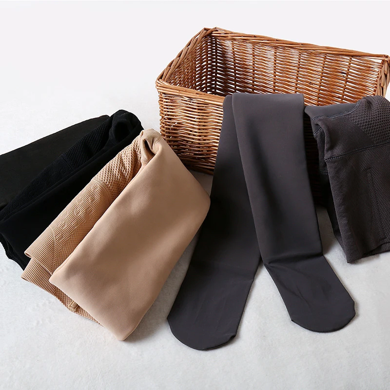 Autumn and winter high waist fishbone transparent skin plus velvet thick foot pantyhose