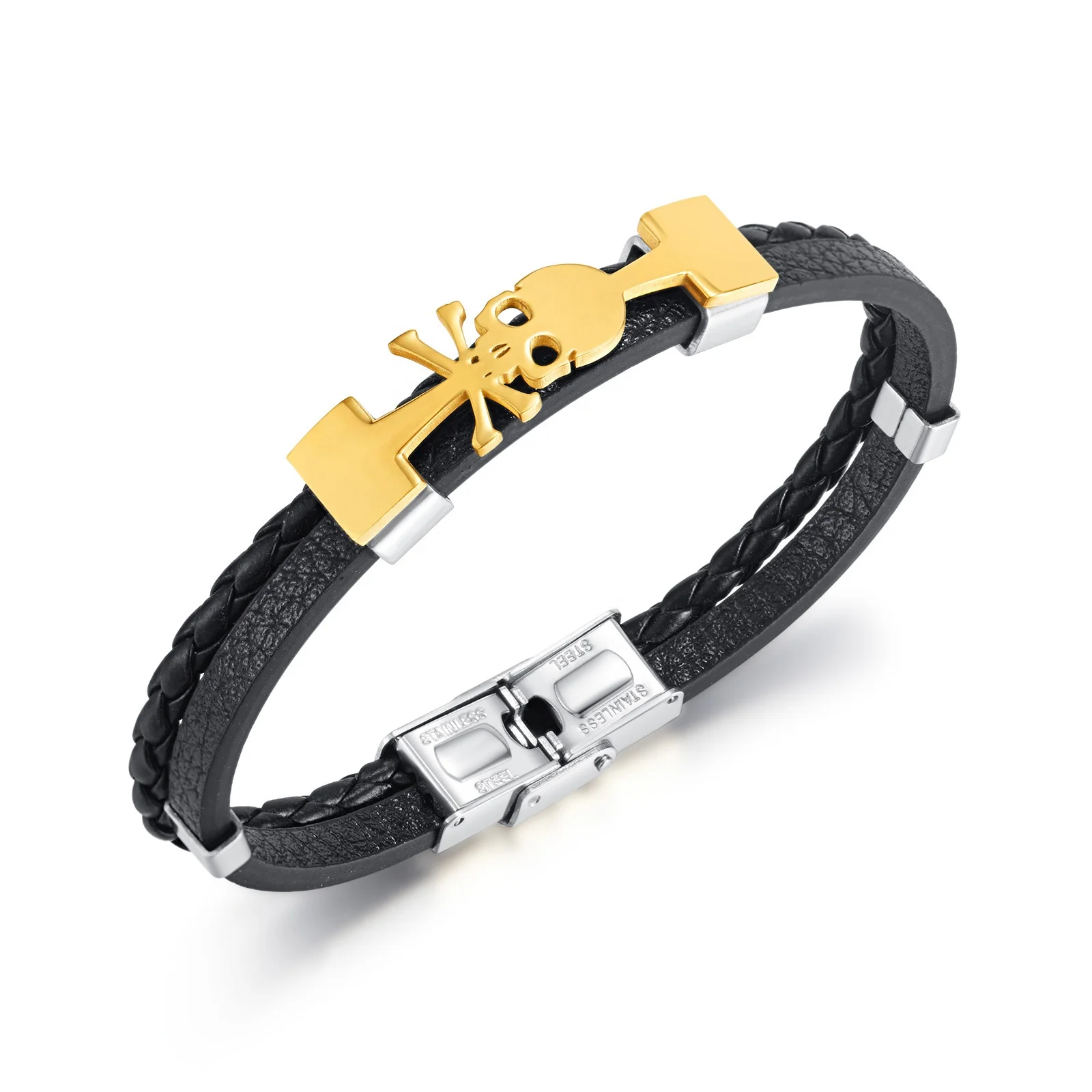 Factory Direct Sales Rock Style Jewelry Weave Leather Bracelet Plated 18K Gold 316L Stainless Steel Men Leather Skull Bracelet