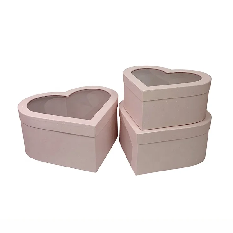 Chengruo 3 PCs Per Set Transparent lid Heart Shape Festive Gift Paper Box With PVC Clear Window For Flowers Gift Pack