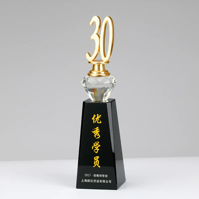 MH-NJ004 Gold Metal Number 5 10 15 20  25 30 Years Event Crystal Trophy Award With Black Base