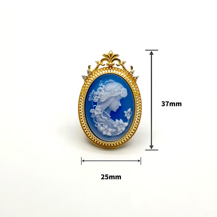 Customized S925 Silver Gold Plated Zircon Jewelry 3D Carved Black Agate Cameo Girl Portrait Brooch Pendant