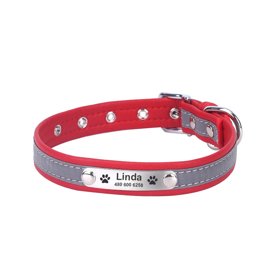 Custom Engraving Logo Solid Personalized Microfiber Dog Cat Collar, Sturdy Durable Reflective Tape Leather Dog Collar