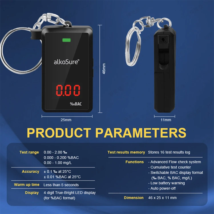 Hotsale Portable Fuel Cell Sensor Breath Alcohol Detector With Key Chain
