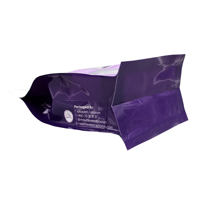 Custom Size Eight-Side Sealing Stand-Up Zipper Top Bags Flat Bottom with Window Valve Nuts for Tea Soda Food Beverages