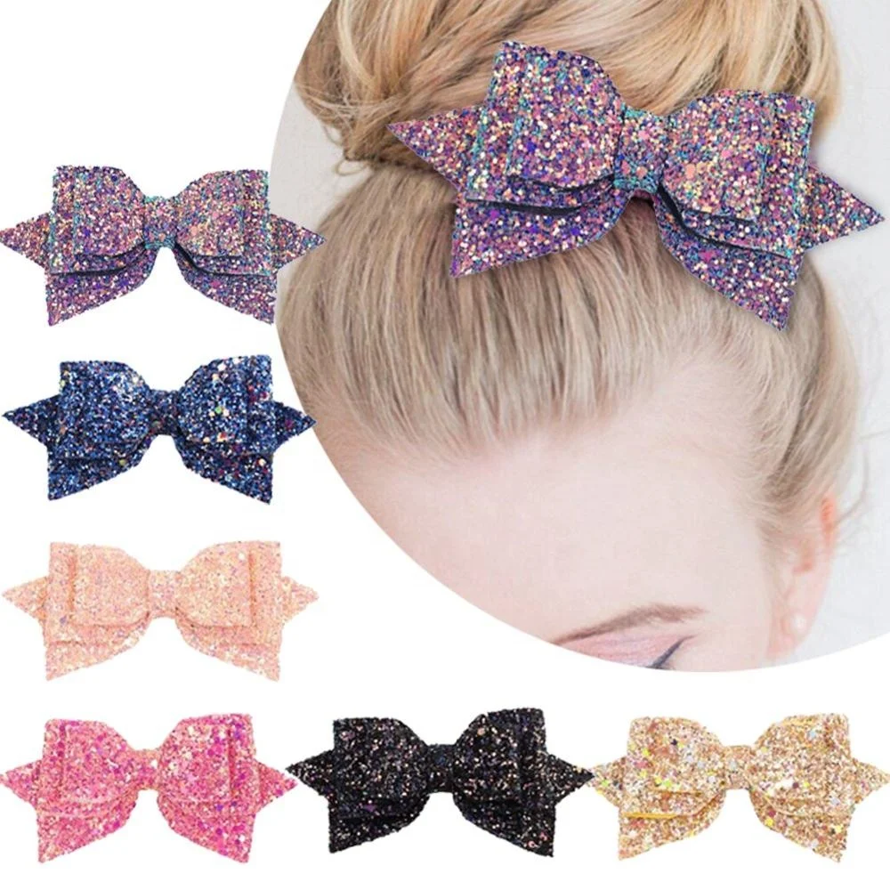 
5Inch Hair Barrette Girls Big Leather Multi Color Glitter Sequined Hair Bow With Clip 