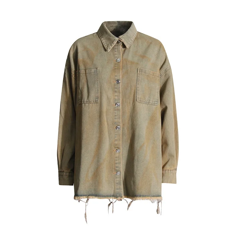 OUDINA Fashion Faded Loose Hem Raw Edge Streetwear Jacket Casual Denim Jacket Yellow Mud Color Jean Jackets For Women