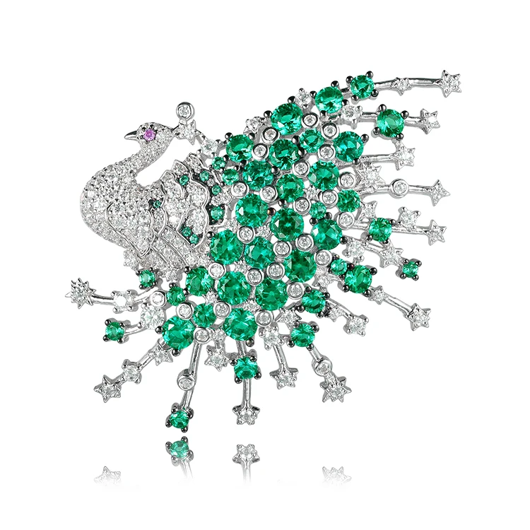 Customized Emerald Green Stone Peacock Brooches Jewelry Animal Peacock Flaunting Its Tail Brooches