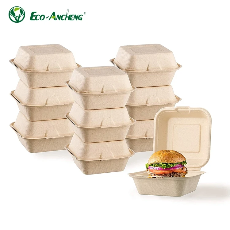 Green and Eco-friendly Compostable Sugarcane Bagasse Clamshell Box Takeaway Disposable Sugarcane Bagasse Food Container