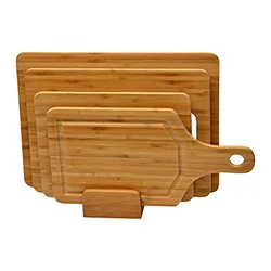 Bamboo Cutting Boards for Kitchen, (Set of 4) Wood Chopping Board Set with Holder Pizza Peel Paddle with Handle for Kitchen