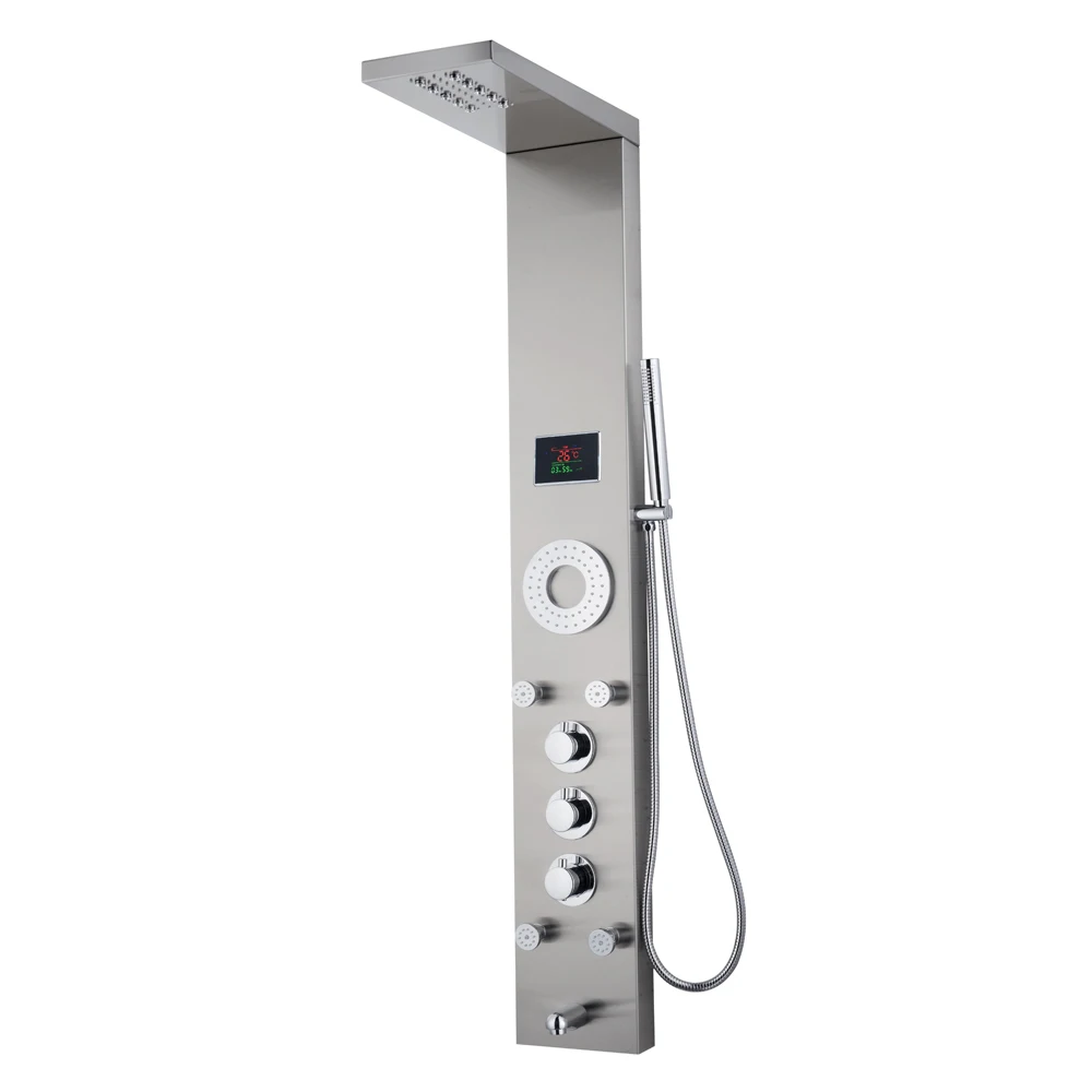 Vaguel Brushed Shower Thermostatic Panel Column 304 Stainless Steel Waterfall Spa Jets LED Smart Shower Bathroom