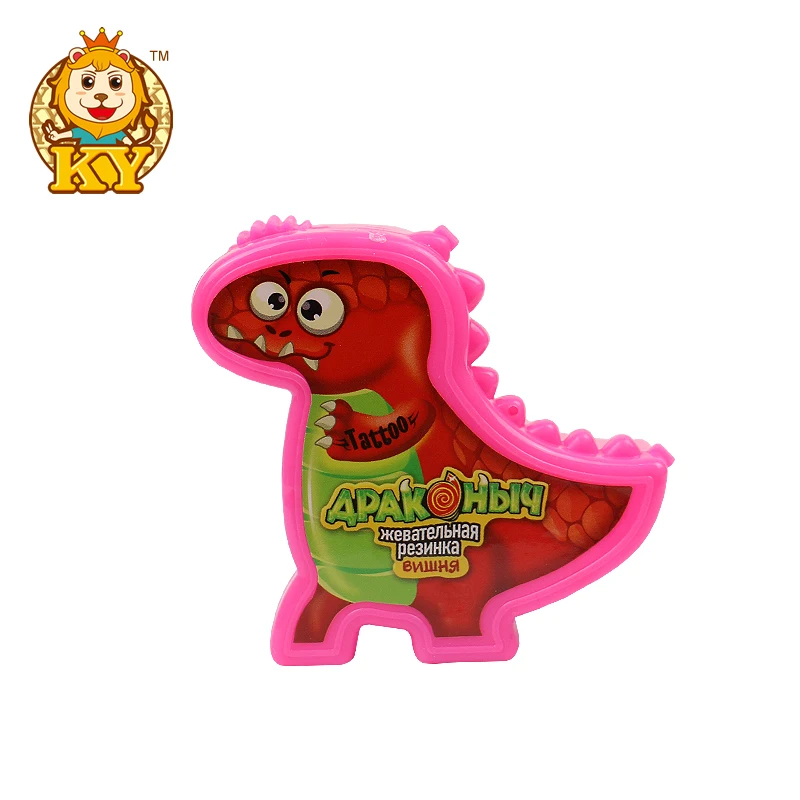 Wholesale custom OEM plastic dinosaurs shaped fruity flavor bubble gum chewing candy with tattoo