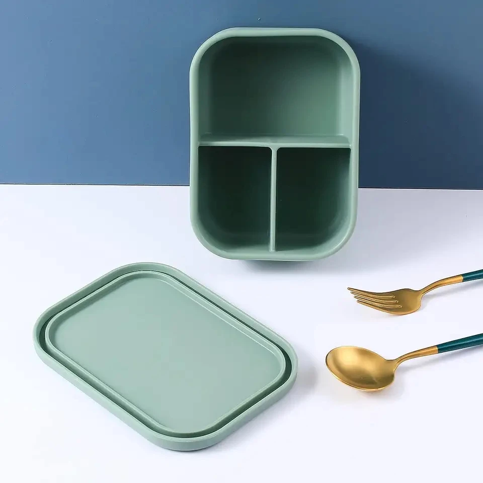 Reusable 3 Compartment School Children Kid Food Storage Silicone Bento Lunch Box