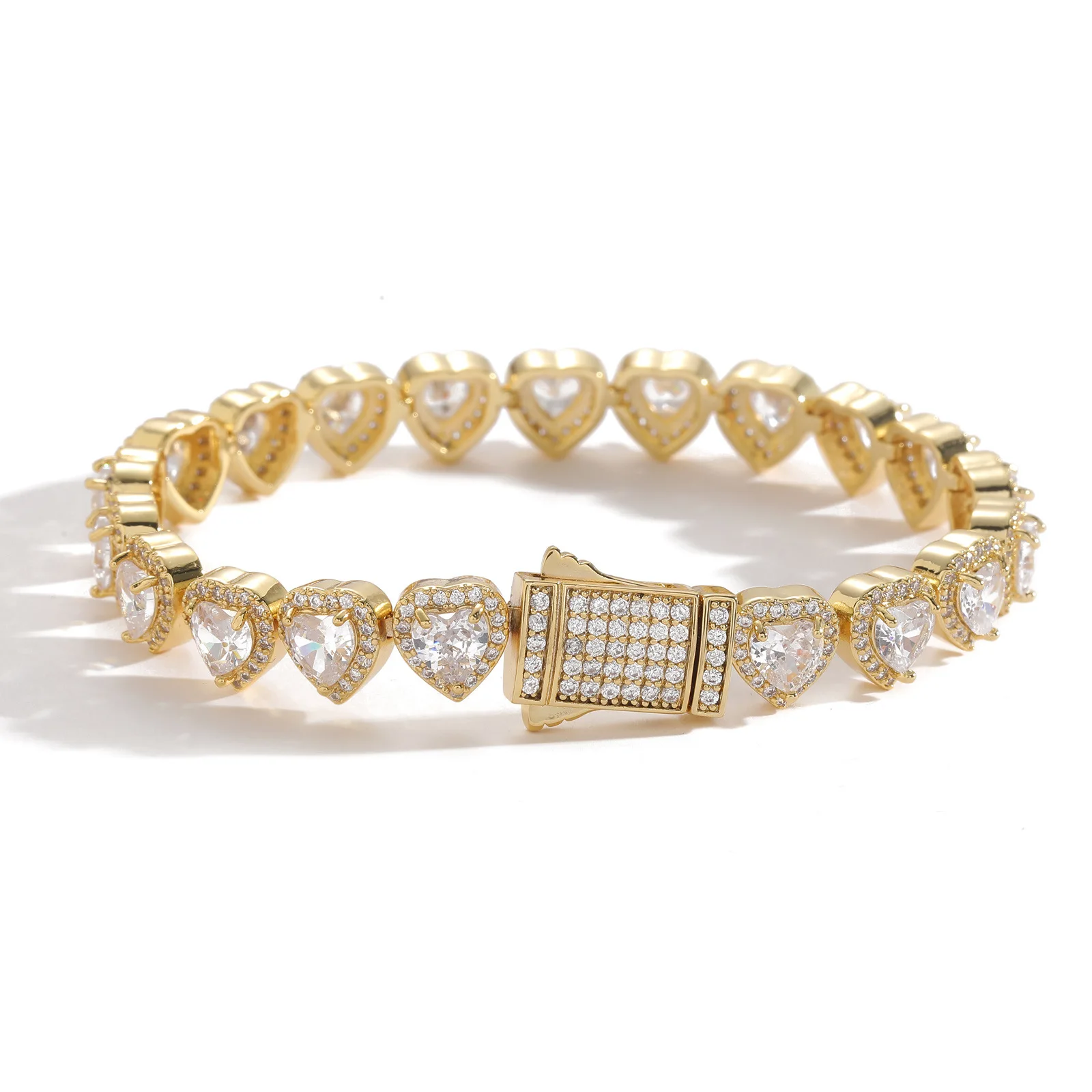 10mm Iced Heart-Shaped 5A+ Zircon Tennis Chain Gold Plated Brass Cuban Link Hip Hop Jewelry Wedding Parties Custom Available