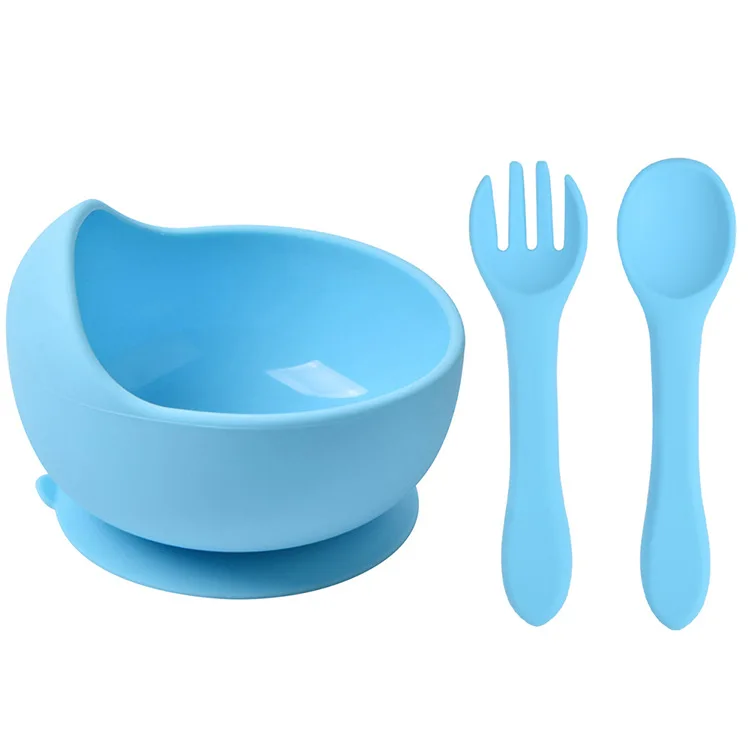New product baby feeding silicone suction bowl spoon fork kids dining feed set for children