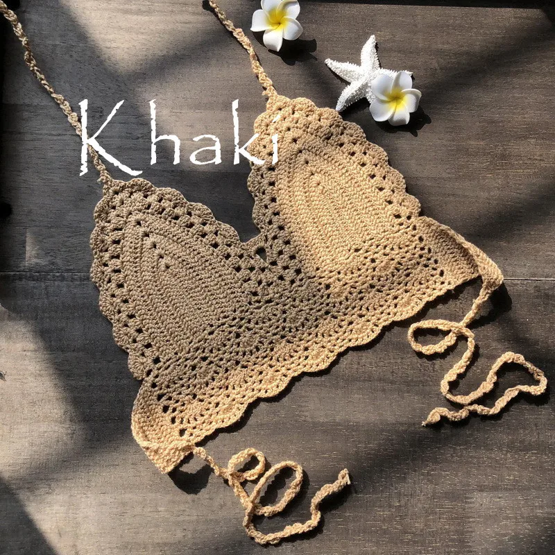 2021 New Triangle Bikini Top Woman Hollow Out Swimsuit Crochet Black Bikini Top Sexy Swimming Bra Large Female Swimwear