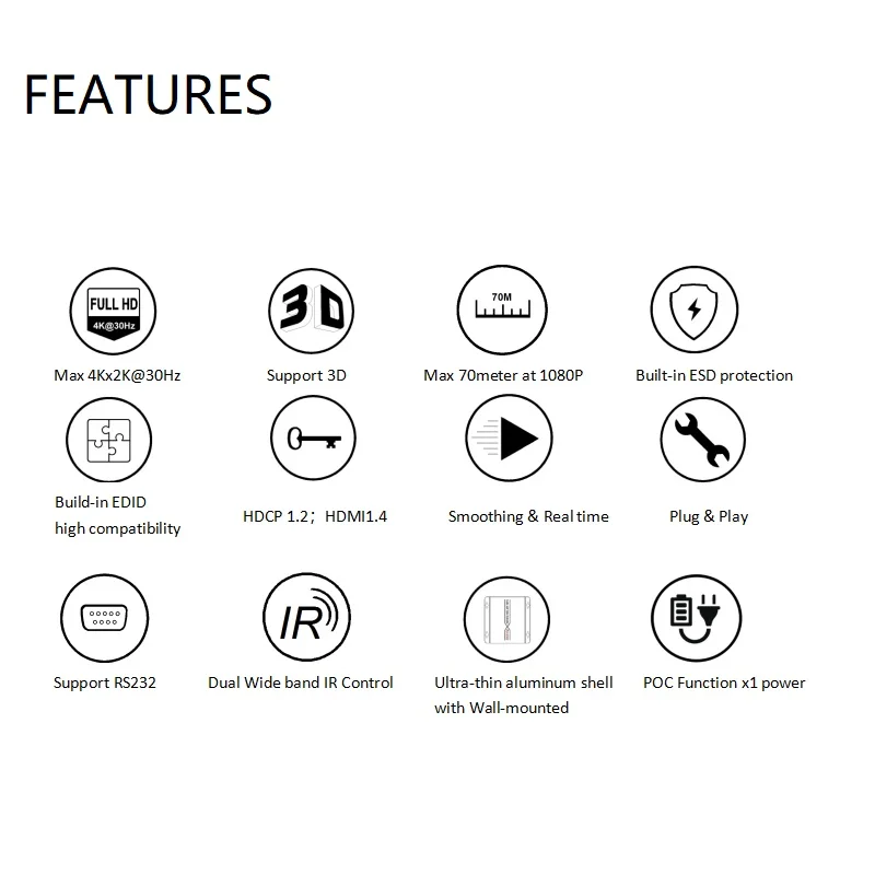 4K HDMI HDBaseT Extender 70M 100M Distance HDMI1.4 Transmitter Receiver by Single Cat6 POE HDCP1.4 RS232 CEC ESD HDMI Extender