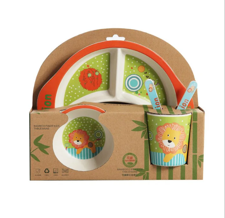 Cute  Lion Bamboo Fiber Children Tableware Set  Eco-Friendly Rice Bowl Cartoon Elephant Kids Dinnerware Baby Salad Plate