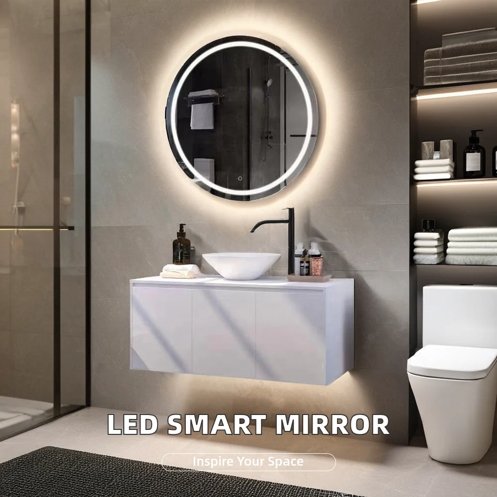 Bathnology Modern round Smart Backlit LED Wall Mirror Touch Switch Bathroom Makeup Mirror Wall Mounted