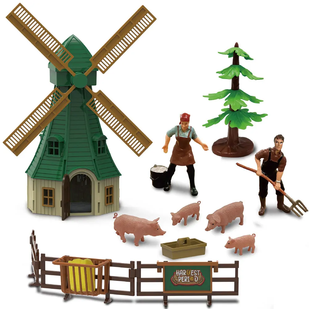 58pcs Children theme play set plastic pig model farm diy toy with farmer and slidng harvester tractor