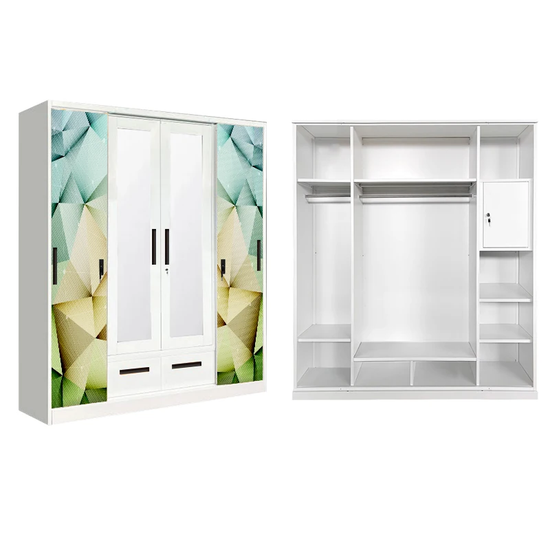 Iron Almirah Wardrobe Home Bedroom Furniture Living Room Steel Wardrobe metal with 4 sliding door and mirror