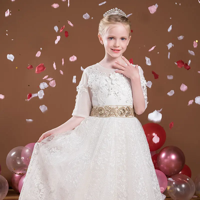 NEW Flower Long White Bridesmaid Dress Kids Evening Dresses For Girls Children Party Wedding Dress 10 12 Year Vestidos B045