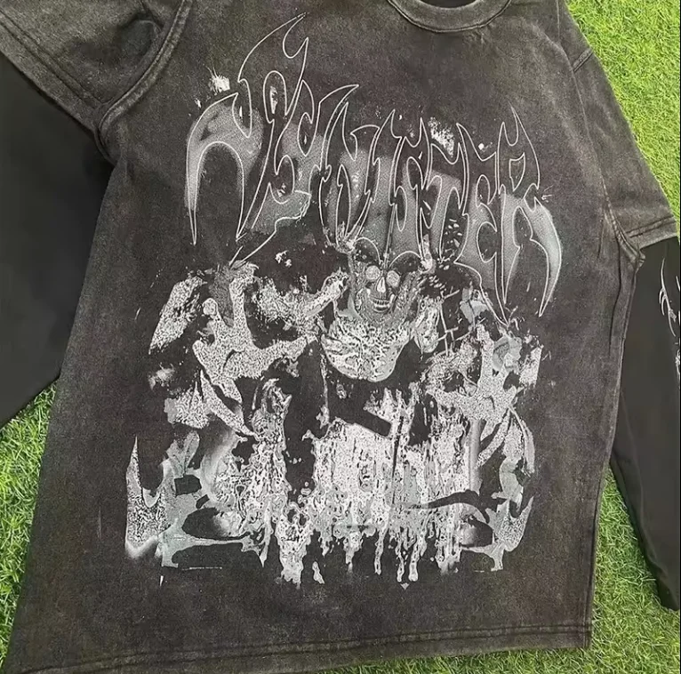 Manufacturer Fitted Double Layer Tee Heavyweight Screen Dtg Printing Graphic Acid Washed Double Layer Long Sleeve T-shirt Men