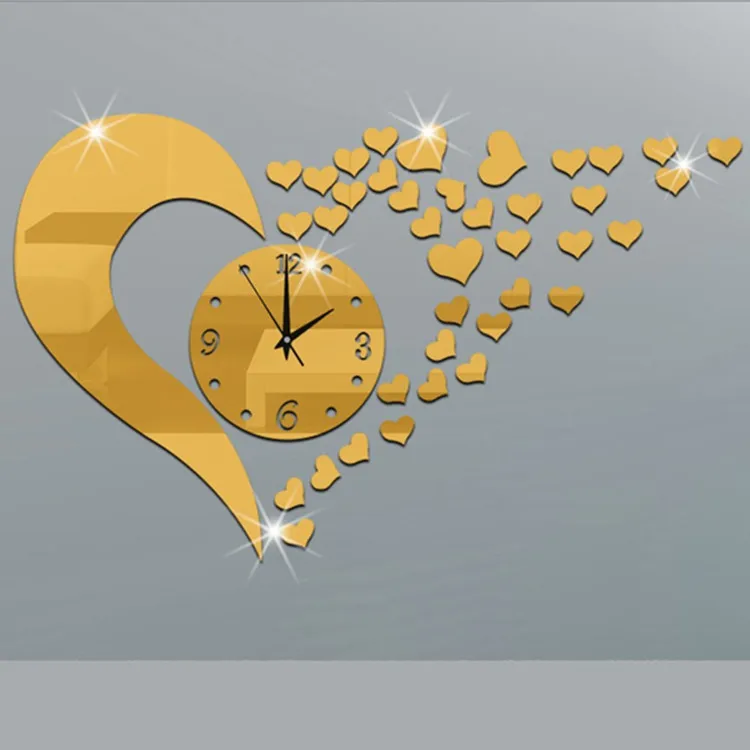 Custom Laser Cutting Decorative 3D Acrylic Heart Sticker DIY Wall Mounted Clocks