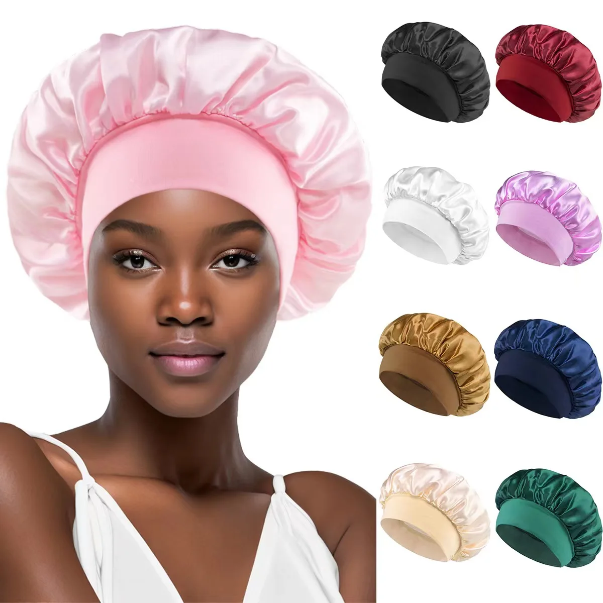FS295 Solid color wide-brimmed elastic adult nightcap fashion hair care and shower cap satin chemotherapy cap for men and women