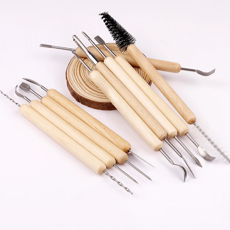 Hot Sale Wood Handle Pottery Clay Tool 12 Piece Set of Pottery Tools Ceramic Making Kit with Apron Art Supplies