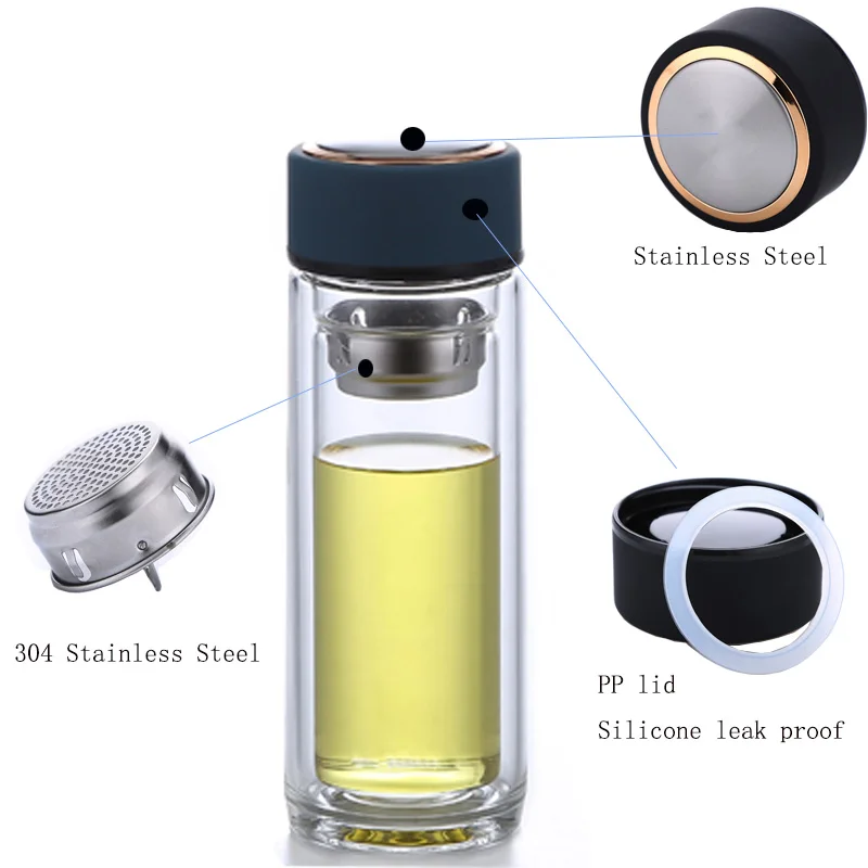 Comi high borosilicate double tier glass water bottle coffee cups with tea leaf separation filter