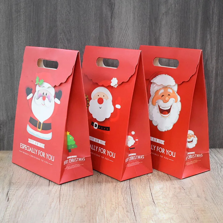 Wholesale Custom Christmas Festival Cute Small Paper Bags With Die-cut Handle For Flip Lid With Ribbon Tie Gift Packing