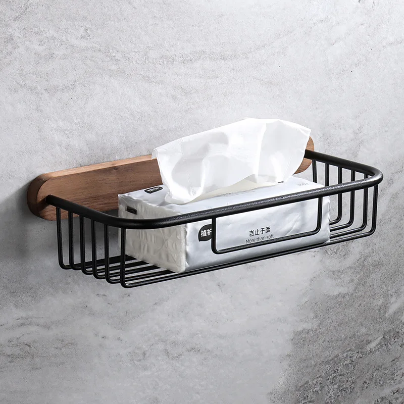 Self-adhesive Tissue Holder with Walnut Wood Phone Shelf Matte black Aluminum Rod Bathroom Toilet Paper Holder