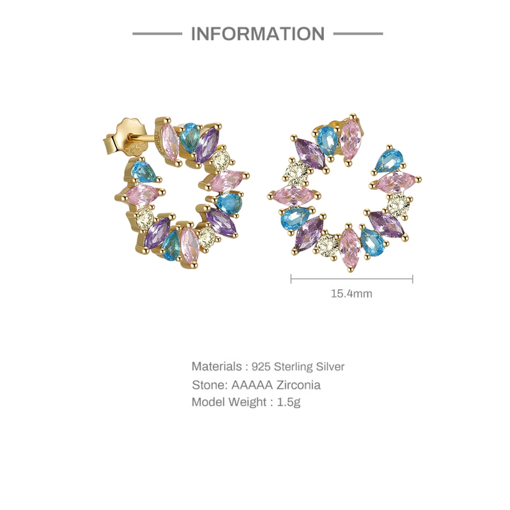 Fashion Jewelry Earrings 18K Gold Plated Diamond Silver Korean Colored Zircon Stud Earings Women