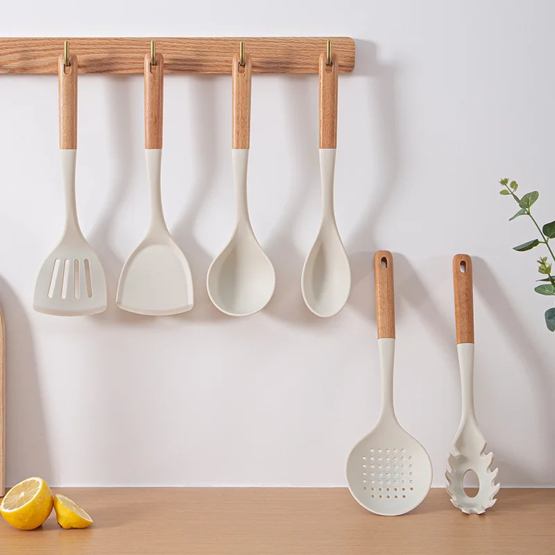 Nonstick Silicone Kitchen Utensils Accessories With Wood Handle 7-Piece Set Spatula & Spoon Cookware Tools Set