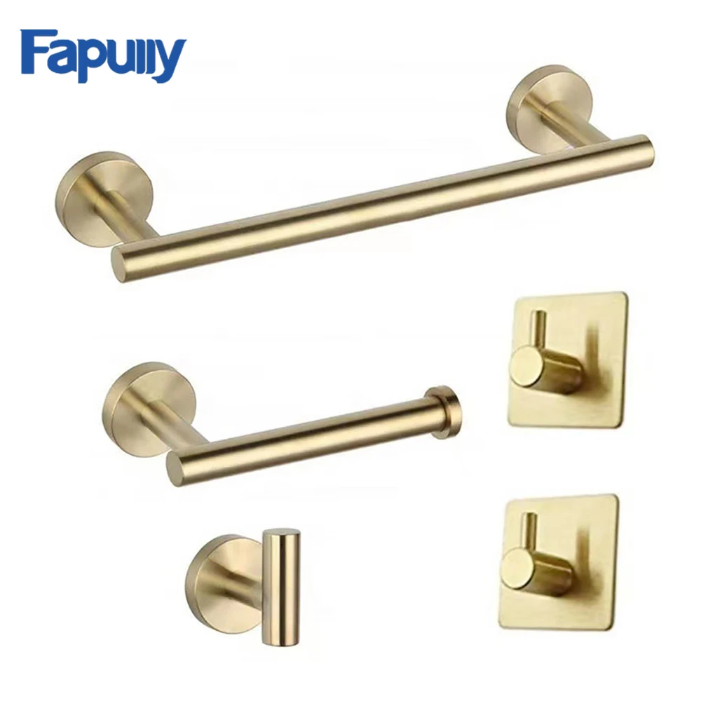 Fapully Bathroom Hardware Set sus304 Brushed Gold Bathroom Hardware Sets Quality Space Bath Towel Rack Gold Paper Holder