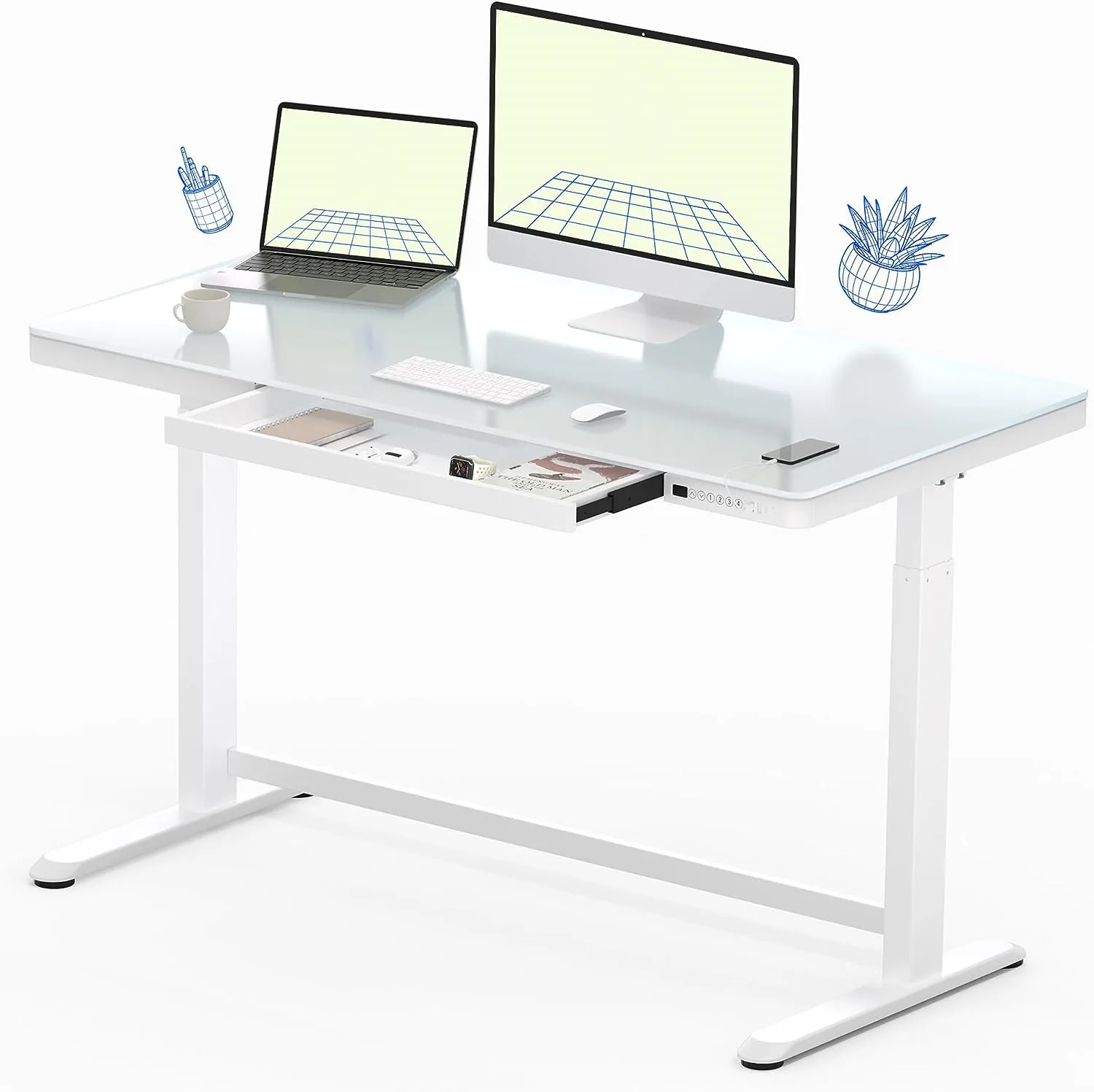 Single Motor Glass Electric Sit Standing Desk with Drawers Height Adjustable Electric Stand Up Desk Home Office Computer Table