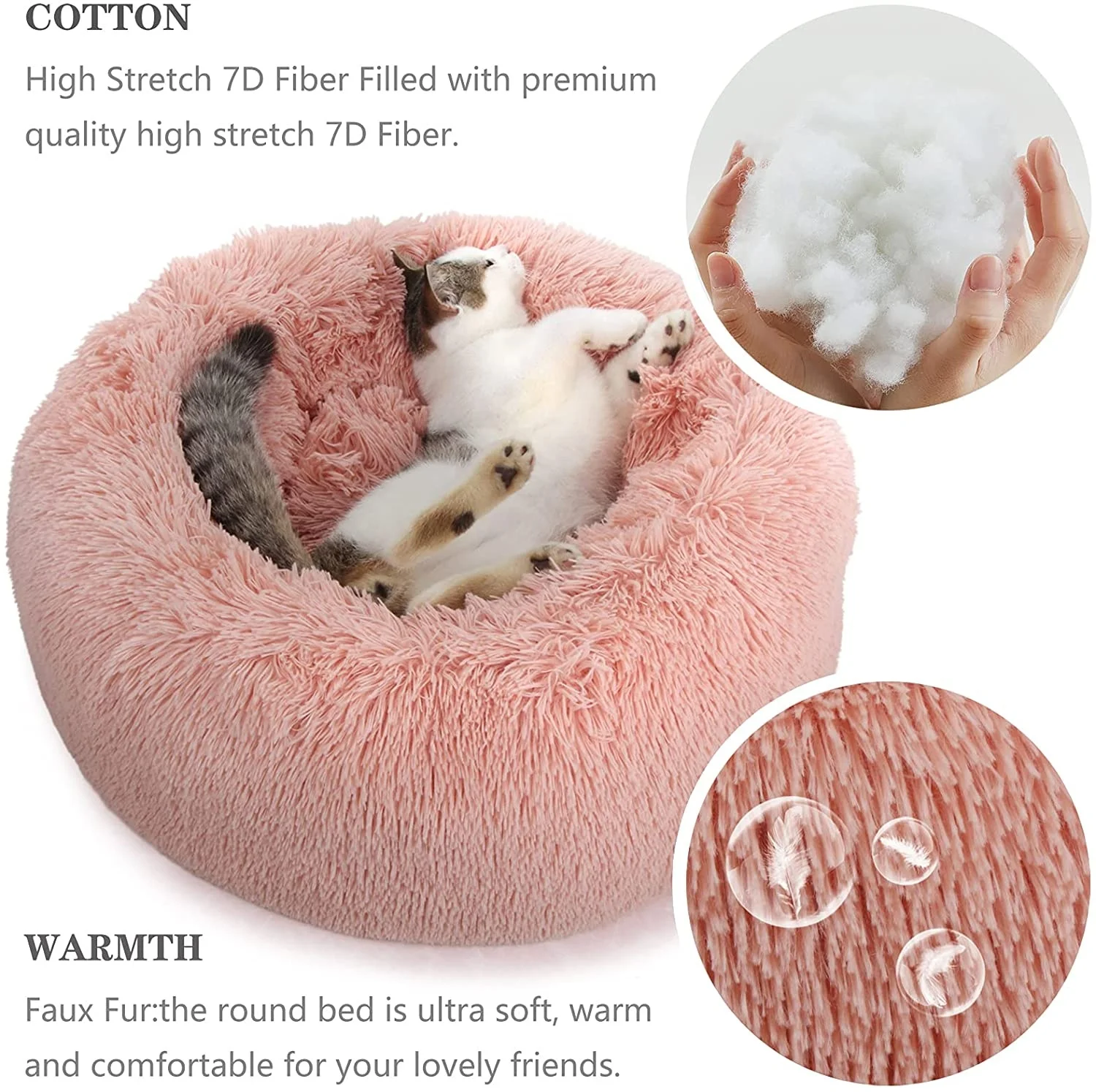 Solid Print Breathable Durable Fluffy Comfort Round Soft Faux Fur Washable Plush Custom Non Slip Calming Waterproof Dog Bed