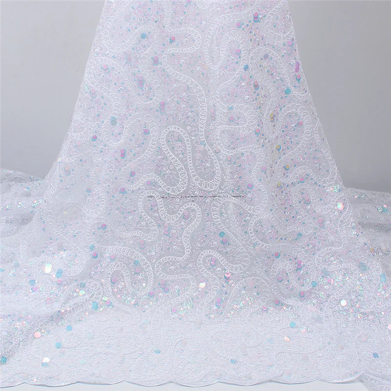 High Quality embroidered French Tulle 3D tulle Lace mesh Fabric Bridal glitter sequin Bead Lace Fabric with sequins multi color