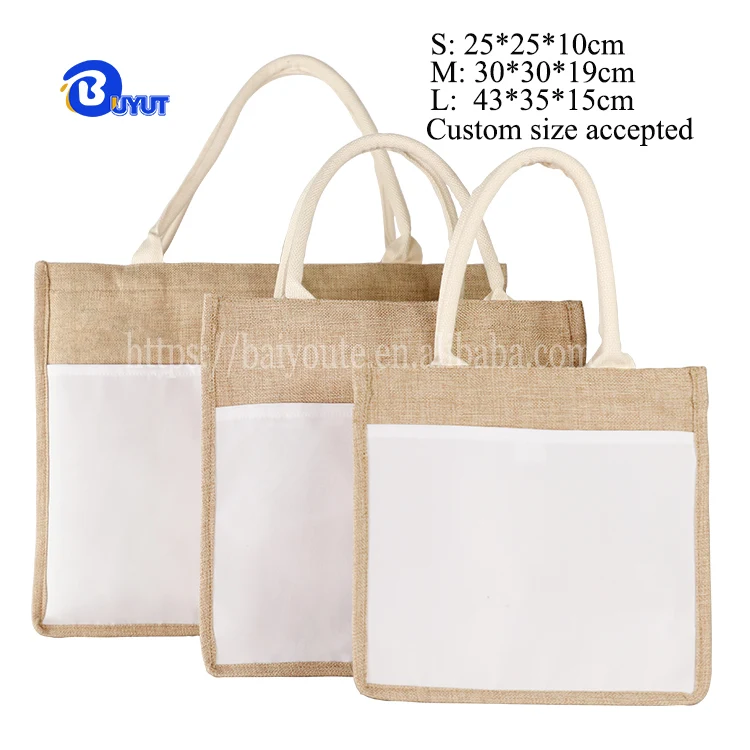 Sublimation logo Jute Foldable Reusable Tote Bag with Canvas Front Pocket Burlap Tote Bags with Handles blank Tote Bag
