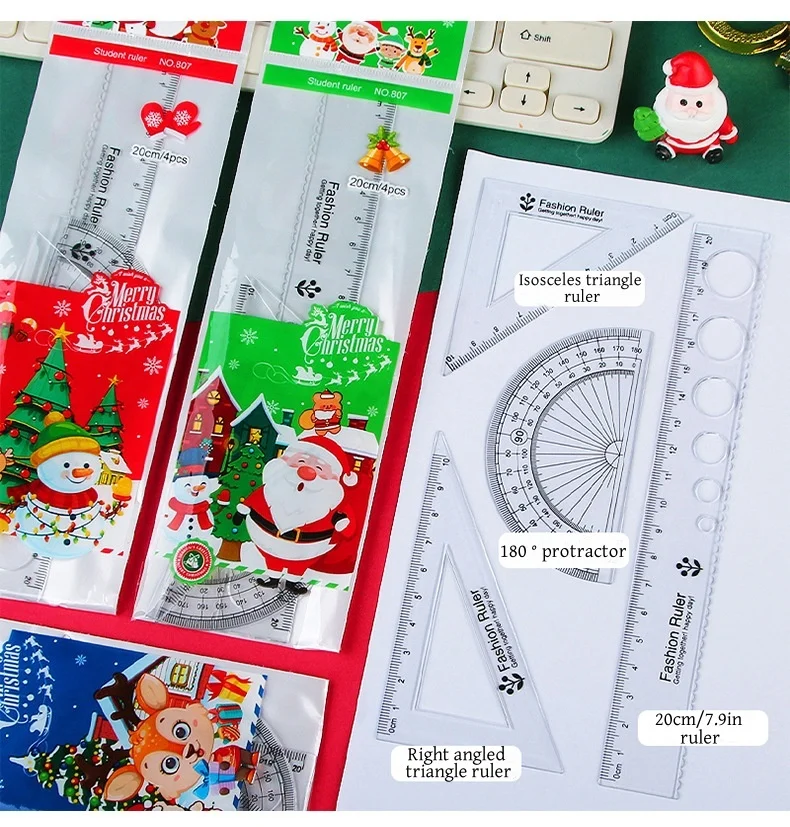 Cartoon Christmas Series Ruler Set Student Stationery Plastic Drawing Ruler Exam Four Piece Set For School