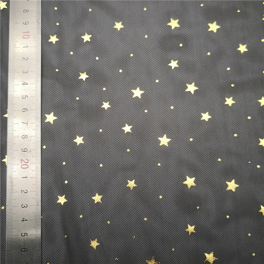 New Fashion High Quality Stamping Golden Star Foil Fabric Stretchy Black Mesh Fabrics Punching Sequin Tulle Cloth