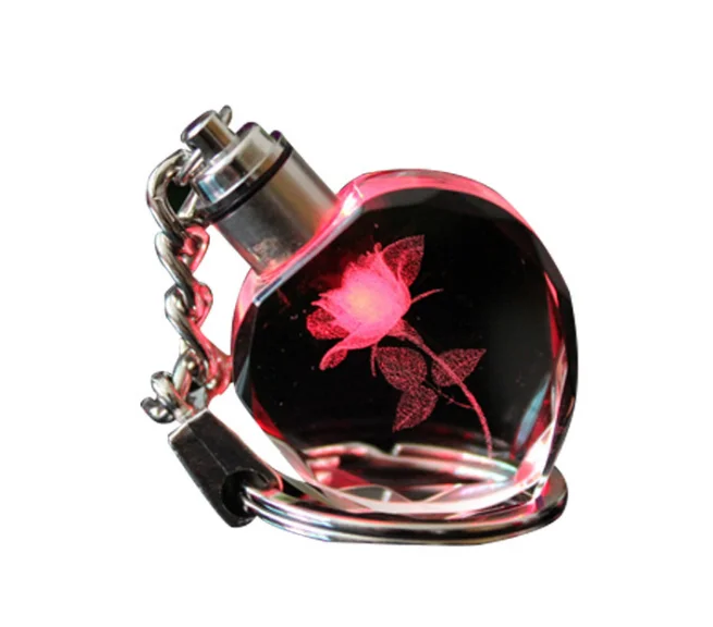 Led Crystal Keychain Fashion Colorful Fairy Rose Flower Pattern Love Shape Glass