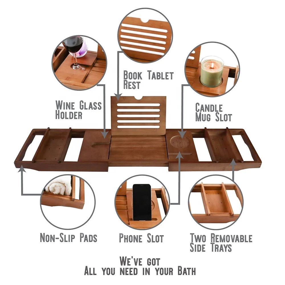 FLYWOD Bathroom Accessories  Bamboo Serving Tray Candle Holder Book Stand Soap Bathtub Caddy Tray Bamboo Bartub Tray